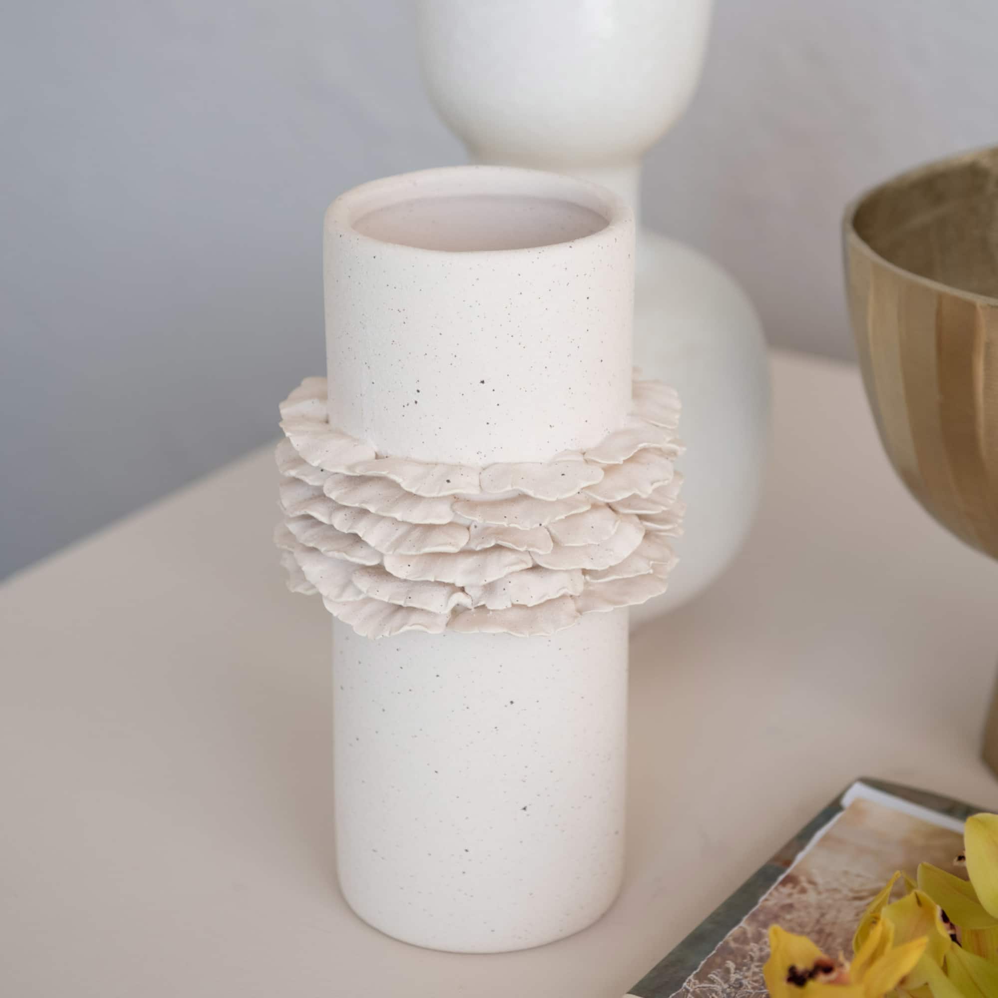 Hello Honey® 10" Matte Cream Ruffled Elegance Stoneware Vase